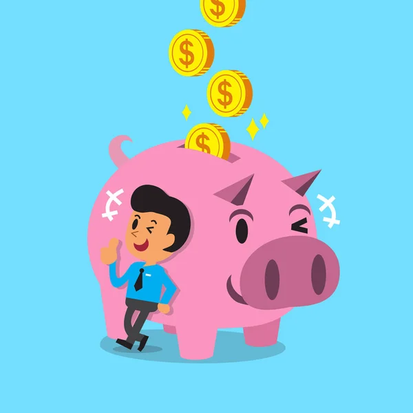 Cartoon man earning money with pink piggy — Stock Vector