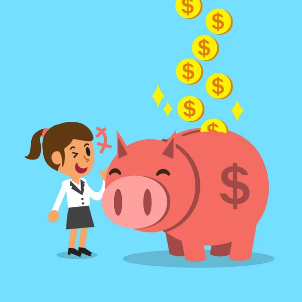 Cartoni animati donna d'affari risparmio di denaro con piggy rosa — Vettoriale Stock