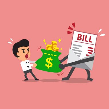 Cartoon bill payment character and businessman do tug of war with money bag clipart