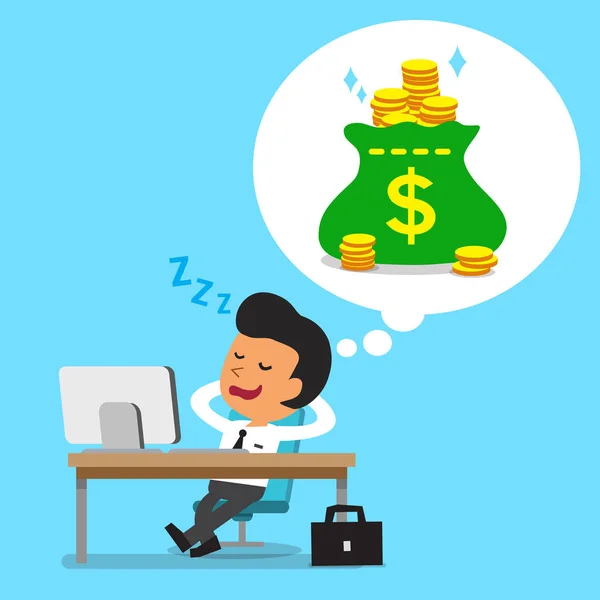 Dibujos animados hombre de negocios quedarse dormido y soñar con el dinero — Vector de stock