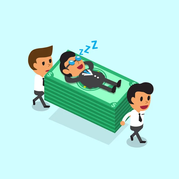 Equipo de negocios de dibujos animados que lleva pila de dinero, pero el jefe de negocios se queda dormido — Vector de stock