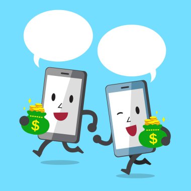 Beyaz konuşma balonları ile para çanta taşıyan çizgi film karakteri akıllı telefonlar
