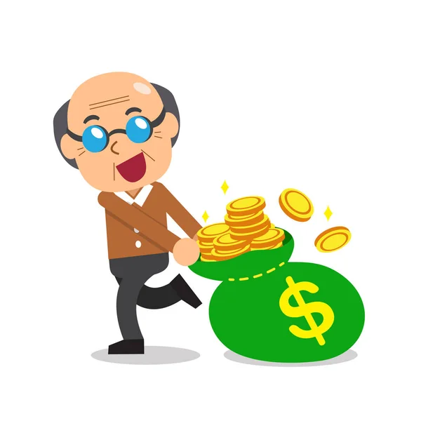 Cartoon senior man met grote geld tas — Stockvector