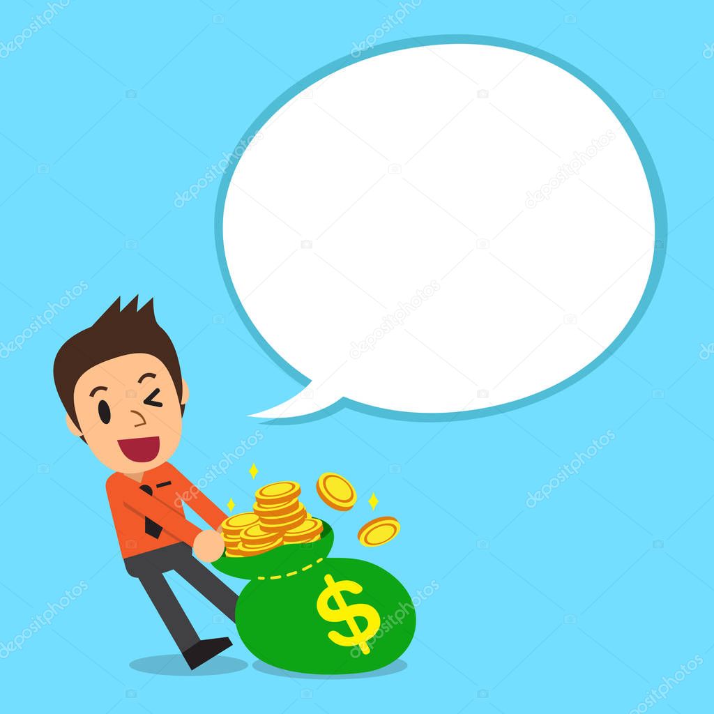 Cartoon businessman and big money bag with white speech bubble