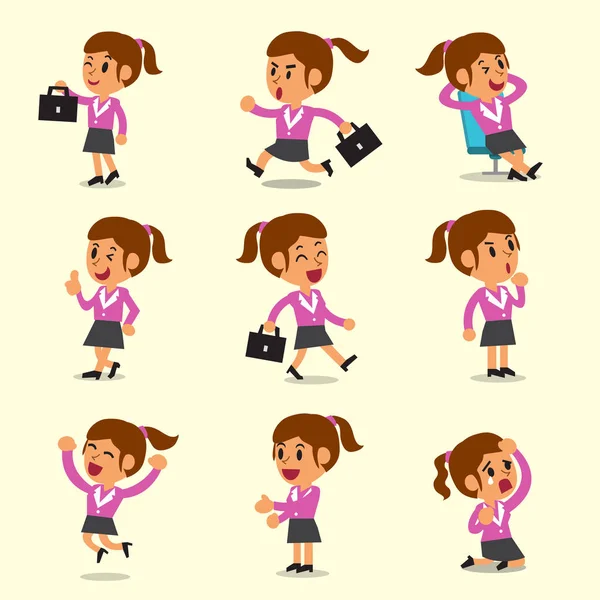 Cartoon businesswoman character poses on yellow background — Stock Vector