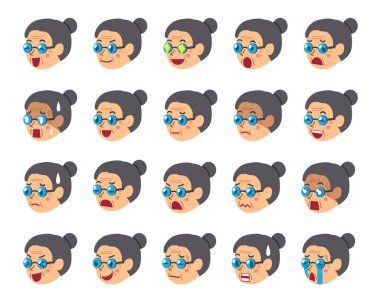 Kadın kıdemli yüzler farklı duygular gösterilen çizgi film seti