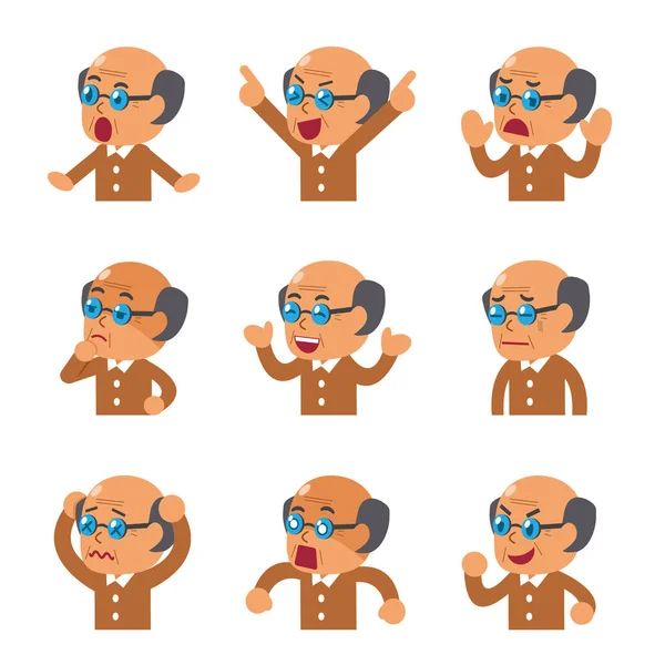 Set of cartoon senior man faces showing different emotions — Stock Vector