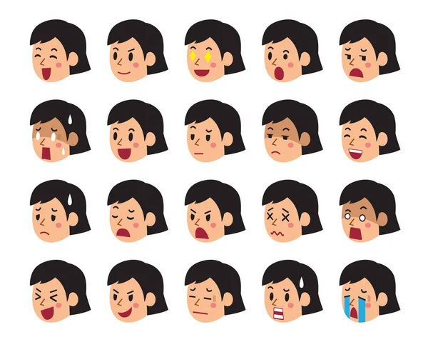 Conjunto de desenhos animados de rostos de mulher mostrando emoções diferentes —  Vetores de Stock
