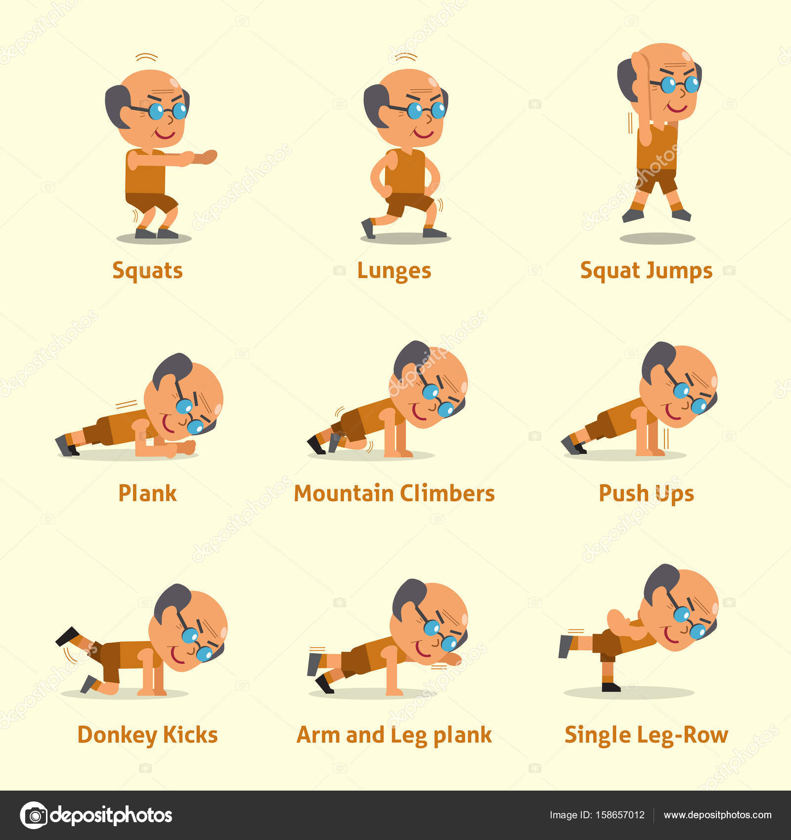 Conjunto de dibujos animados de un anciano haciendo ejercicios para la  salud y la aptitud vector, gráfico vectorial © Jaaak imagen #158657012