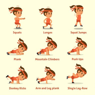 Bir kadın için sağlık ve fitness egzersizleri yapıyor çizgi film seti