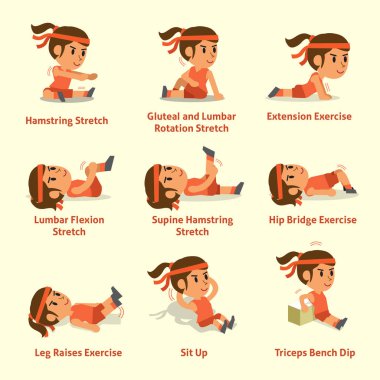 Bir kadının ısınma ve egzersizler yapması dizi karikatür