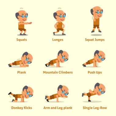 Yaşlı bir adam için sağlık ve fitness egzersizleri yapıyor çizgi film seti