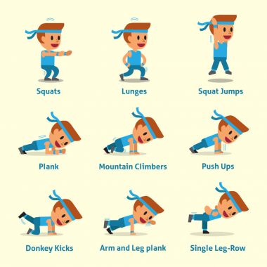 Sağlık ve fitness için egzersizler yapan erkek çizgi film seti