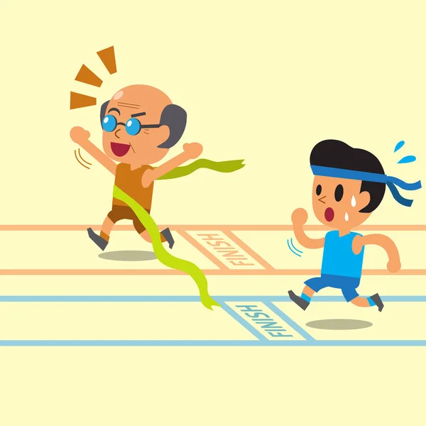 Мультфильм старик выигрывает гонку перед молодым человеком — стоковый вектор