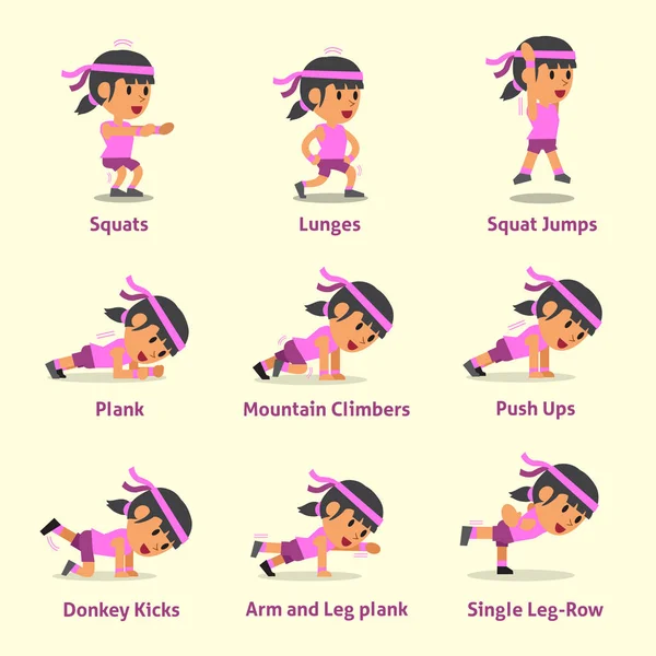 Conjunto de dibujos animados de la mujer haciendo ejercicios para la salud y la aptitud — Vector de stock