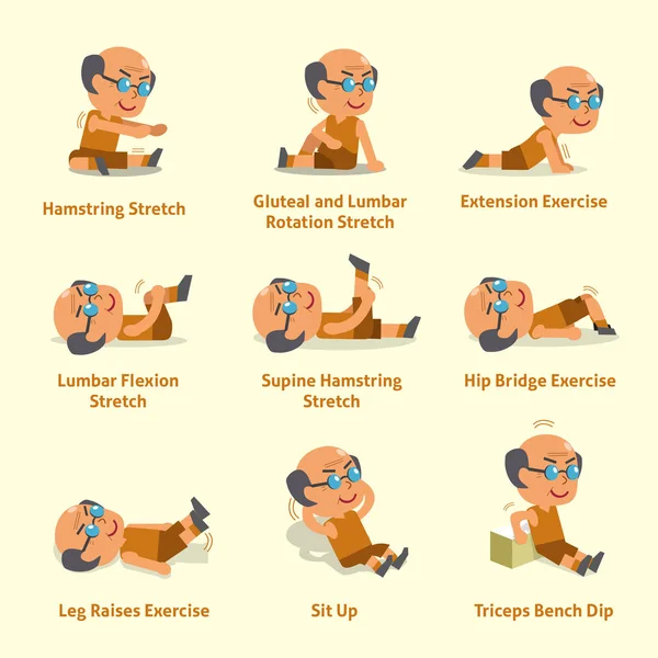 Jeu de dessin animé de vieil homme faisant échauffement et exercices — Image vectorielle