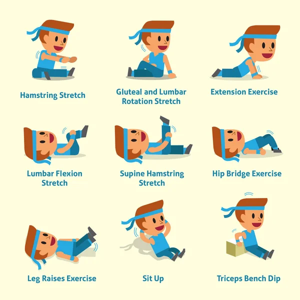 Dibujos animados conjunto de hombre haciendo calentamiento y ejercicios — Vector de stock