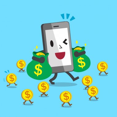 Para çantaları taşırken ve para paralar ile yürüme karikatür smartphone