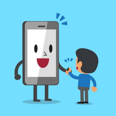 Çizgi film smartphone karakteri bir adamla el sallayarak