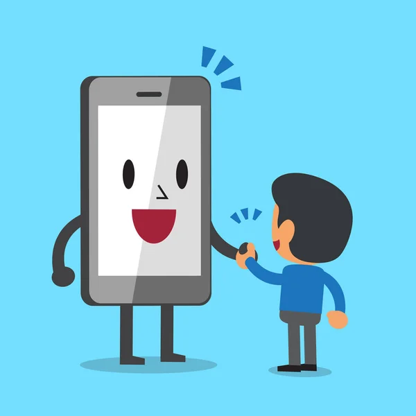 Cartoon smartphone personaggio stringere la mano con un uomo — Vettoriale Stock