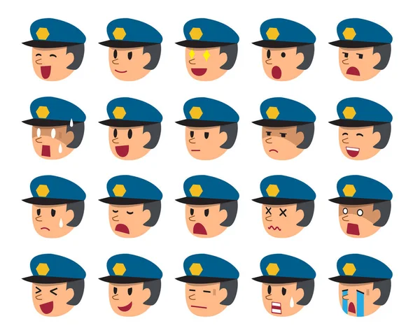 Conjunto de caras de policía mostrando diferentes emociones — Vector de stock