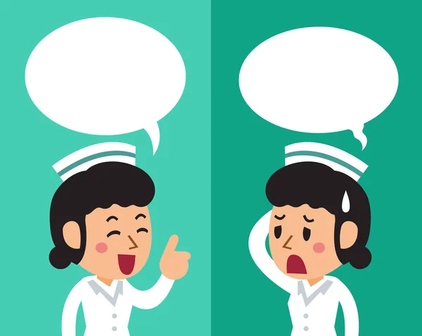 Cartoon a female nurse expressing different emotions with speech bubbles — Stock Vector