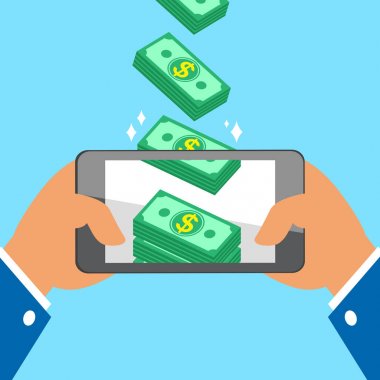 Akıllı telefon tutarak ve para yığınları kazanç el