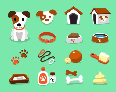 Çizgi film karakteri jack russell terrier köpek ve aksesuar seti