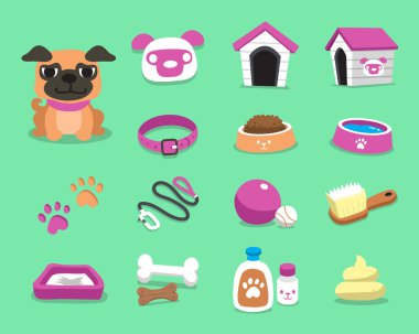 Karikatür pug köpek ve aksesuarları