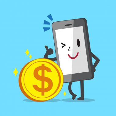 İş konsepti karikatür akıllı telefon karakteri sikke karşı eğilerek