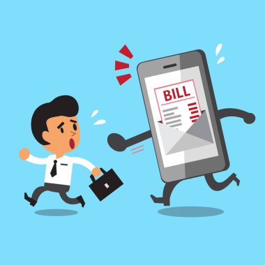 İş konsepti karikatür işadamı akıllı telefon ve elektronik fatura ödeme kaçan