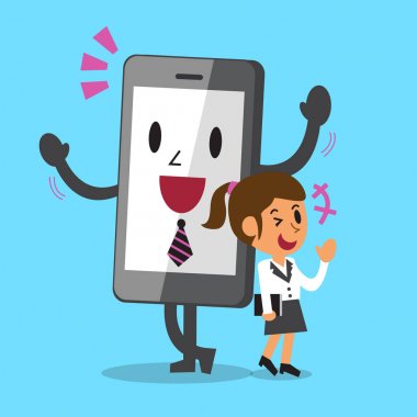 İş konsepti karikatür akıllı telefon ve iş kadını birlikte gülümseyerek ayakta