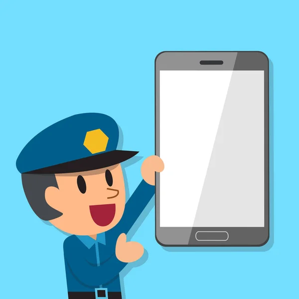 Policía de dibujos animados y teléfono inteligente — Vector de stock
