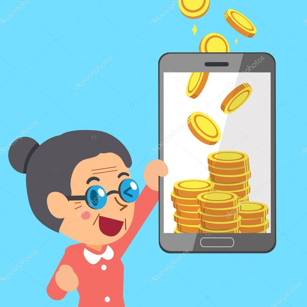 Business concept cartoon smartphone help senior woman to earn money