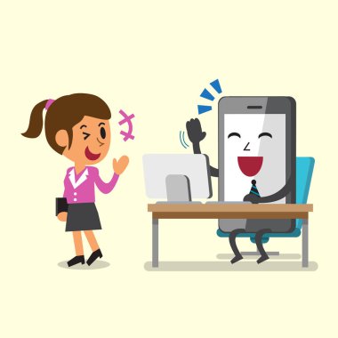 İş kavramı karikatür smartphone bir iş kadını ile çalışma