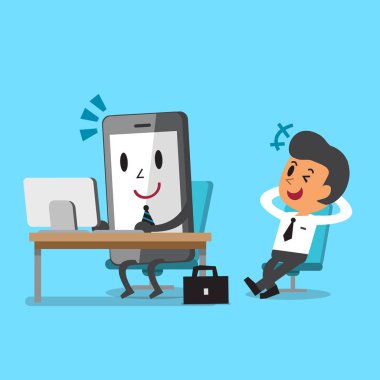 İş kavramı smartphone çalışma karikatür ve işadamı sit bir sandalyede rahat ol