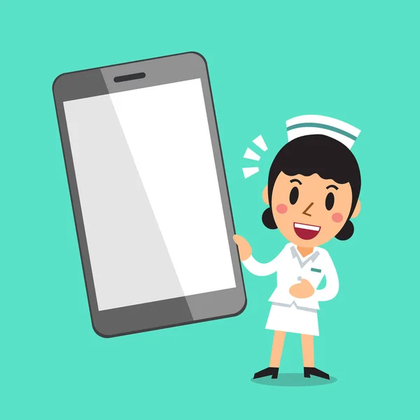 Desenhos animados enfermeira feminina e grande smartphone — Vetor de Stock