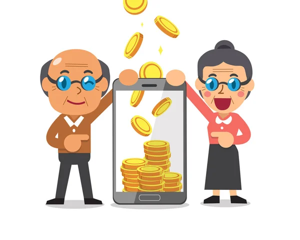 Business concept smartphone cartone animato aiutare le persone anziane a guadagnare soldi — Vettoriale Stock