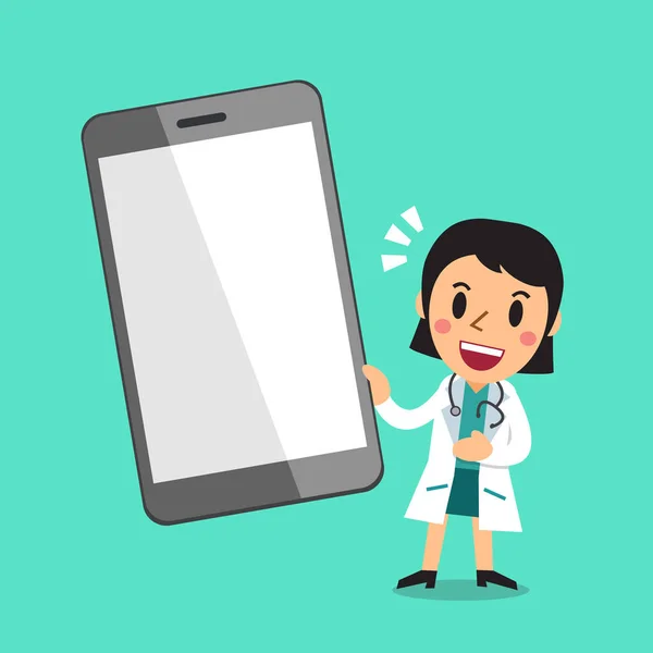 Desenhos animados médico feminino e smartphone grande — Vetor de Stock