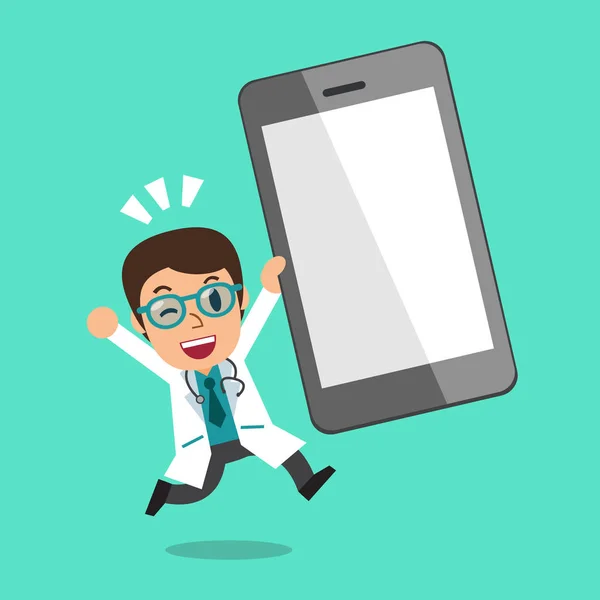 Cartone animato un medico maschio e grande smartphone — Vettoriale Stock
