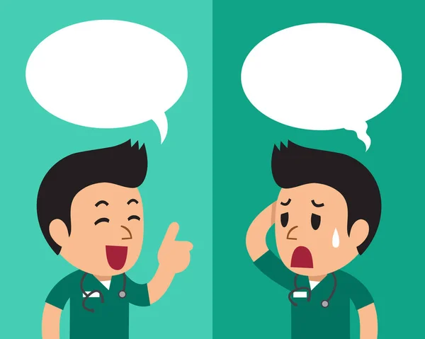 Cartoon a male nurse expressing different emotions with speech bubbles — Stock Vector