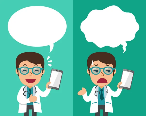Cartone animato medico maschile con smartphone esprimendo diverse emozioni con bolle vocali — Vettoriale Stock