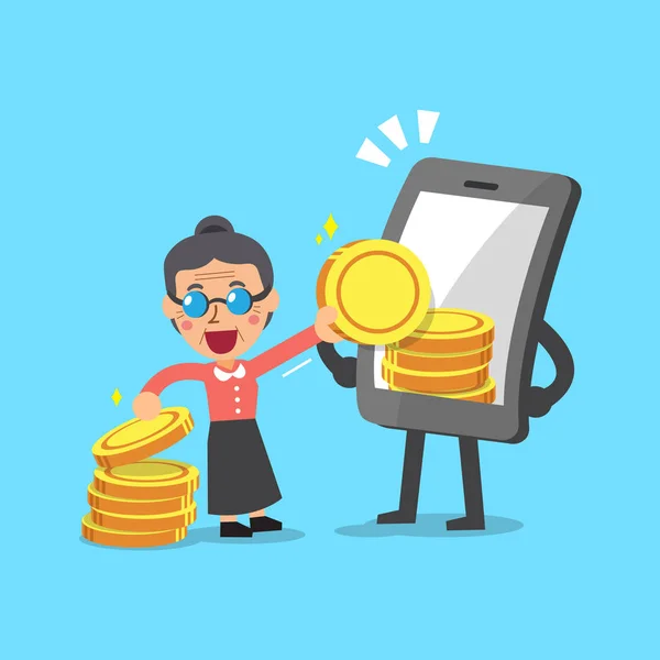 Business concept cartoon smartphone helpen senior vrouw om geld te verdienen — Stockvector