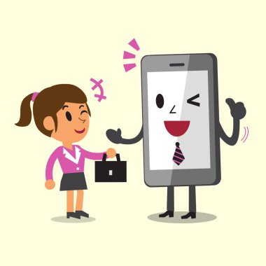 İş kavramı karikatür Smartphone yardım işkadını çalışma