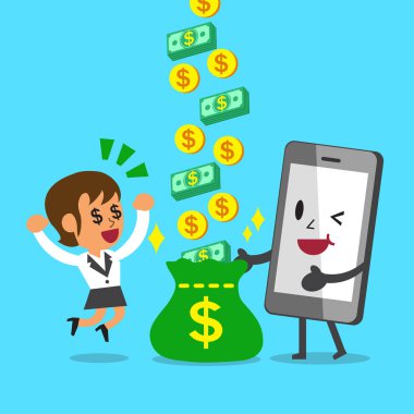 İş kavramı karikatür Smartphone yardım işkadını çalışma