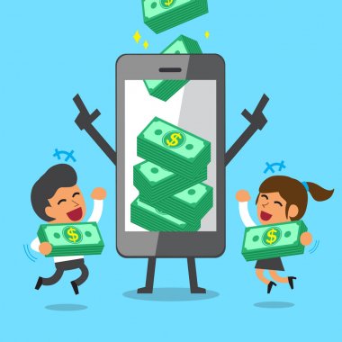 İş kavramı karikatür smartphone para yığınları kazanmak için iş ekip yardım