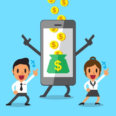 İş kavramı karikatür smartphone yardım iş adamı ve iş kadını para kazanmak için