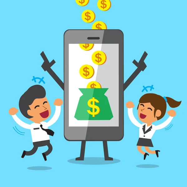 İş kavramı karikatür smartphone yardım iş adamı ve iş kadını para kazanmak için — Stok Vektör