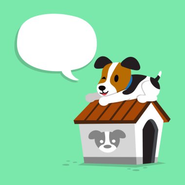 Çizgi film karakteri jack russell terrier köpek ve konuşma balonu ile köpek kulübesi
