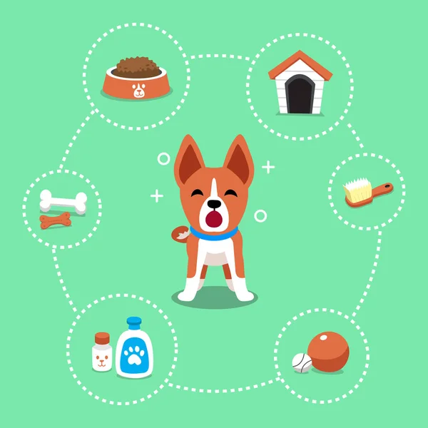 Desenhos animados personagem basenji cão e acessórios conjunto —  Vetores de Stock
